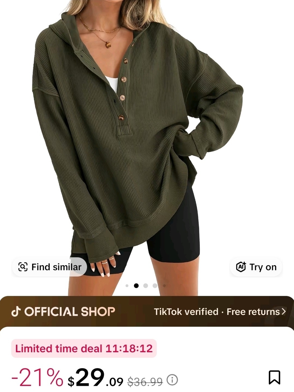 Ribbed Olive Henley Hoodie with Button Placket - Women